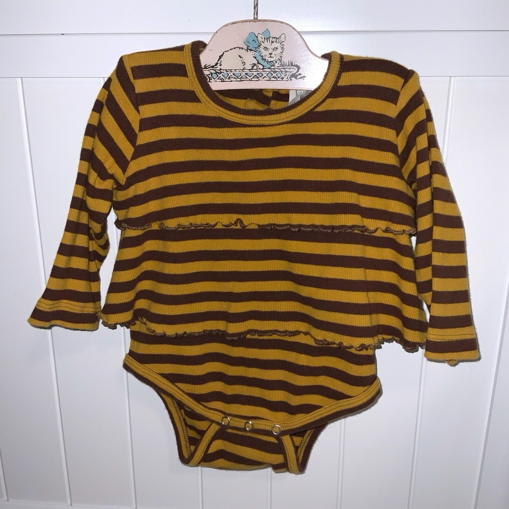 Kate‎ Quinn One Piece Romper 12-18 Months Brown Yellow Chai Spice Stripe Ruffles